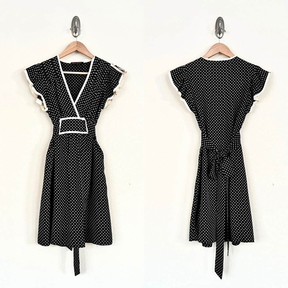 Vintage BETSEY JOHNSON 100% Silk Polka Dot Flutter Sleeve Dress in Black
